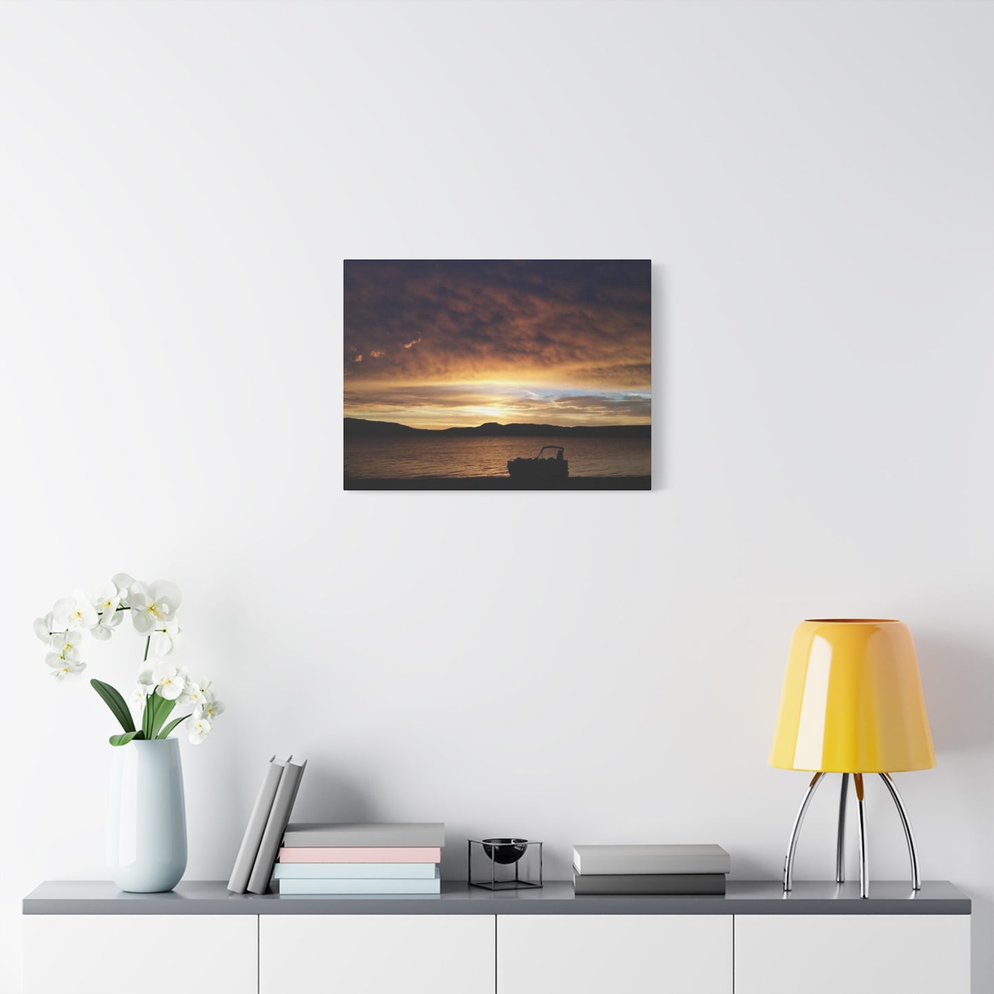 Canyon Ferry Lake Montana Sunset Canvas Wall Art - Pontoon Boat, Evening, Nature Landscape Home Decor