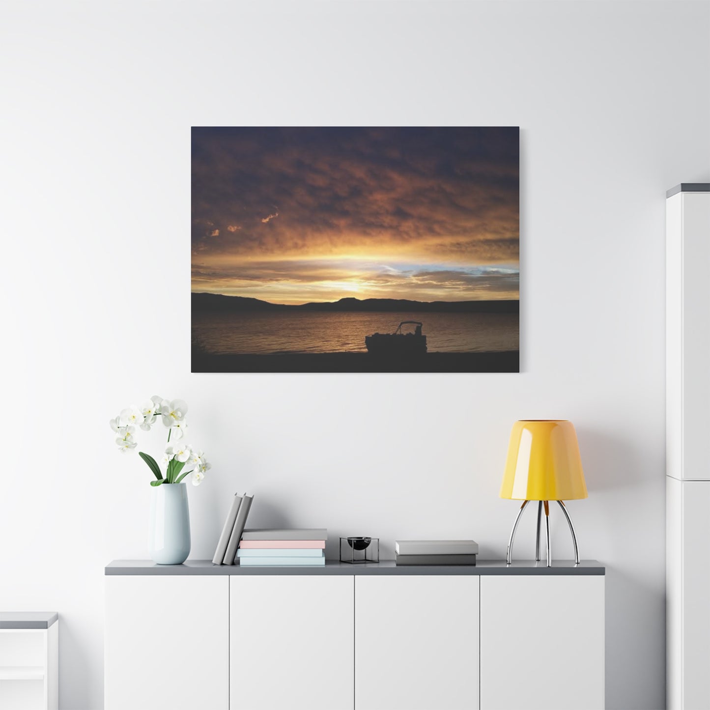 Canyon Ferry Lake Montana Sunset Canvas Wall Art - Pontoon Boat, Evening, Nature Landscape Home Decor