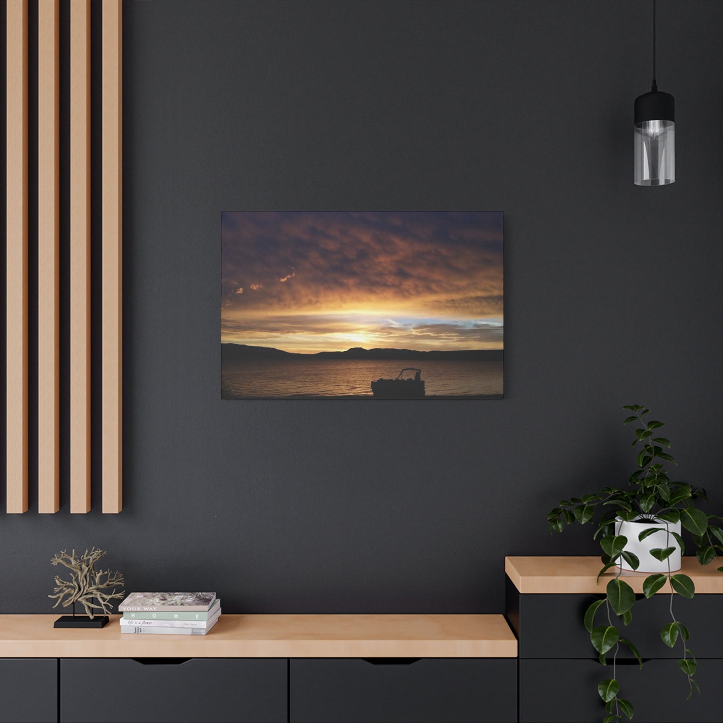 Canyon Ferry Lake Montana Sunset Canvas Wall Art - Pontoon Boat, Evening, Nature Landscape Home Decor