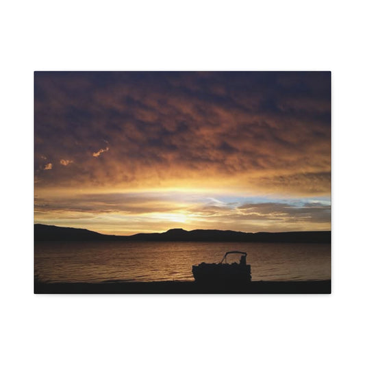 Canyon Ferry Lake Montana Sunset Canvas Wall Art - Pontoon Boat, Evening, Nature Landscape Home Decor