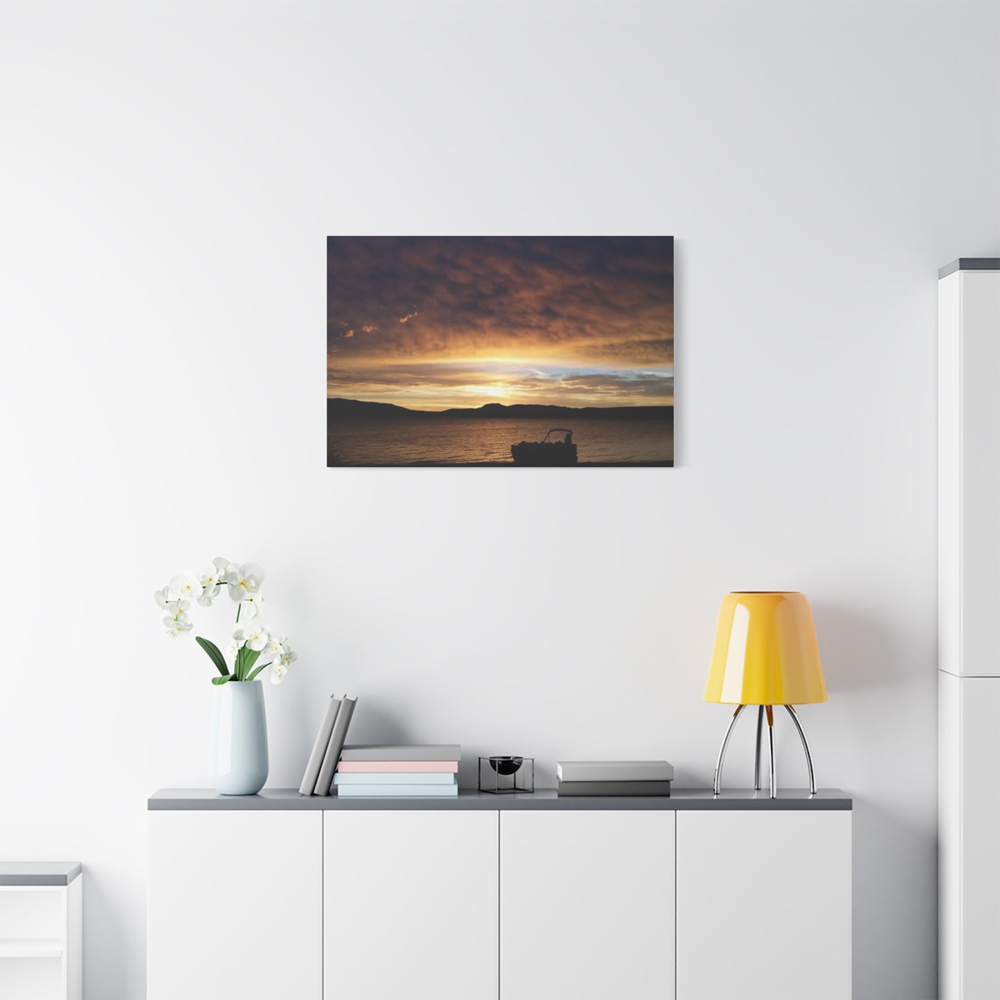 Canyon Ferry Lake Montana Sunset Canvas Wall Art - Pontoon Boat, Evening, Nature Landscape Home Decor