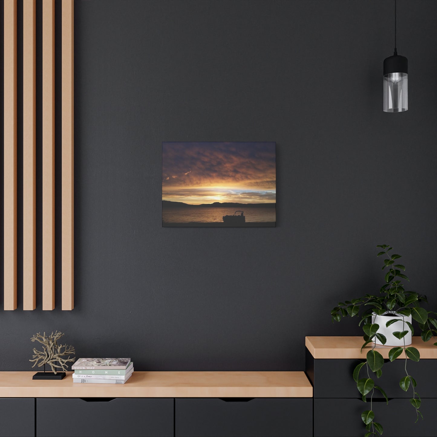 Canyon Ferry Lake Montana Sunset Canvas Wall Art - Pontoon Boat, Evening, Nature Landscape Home Decor