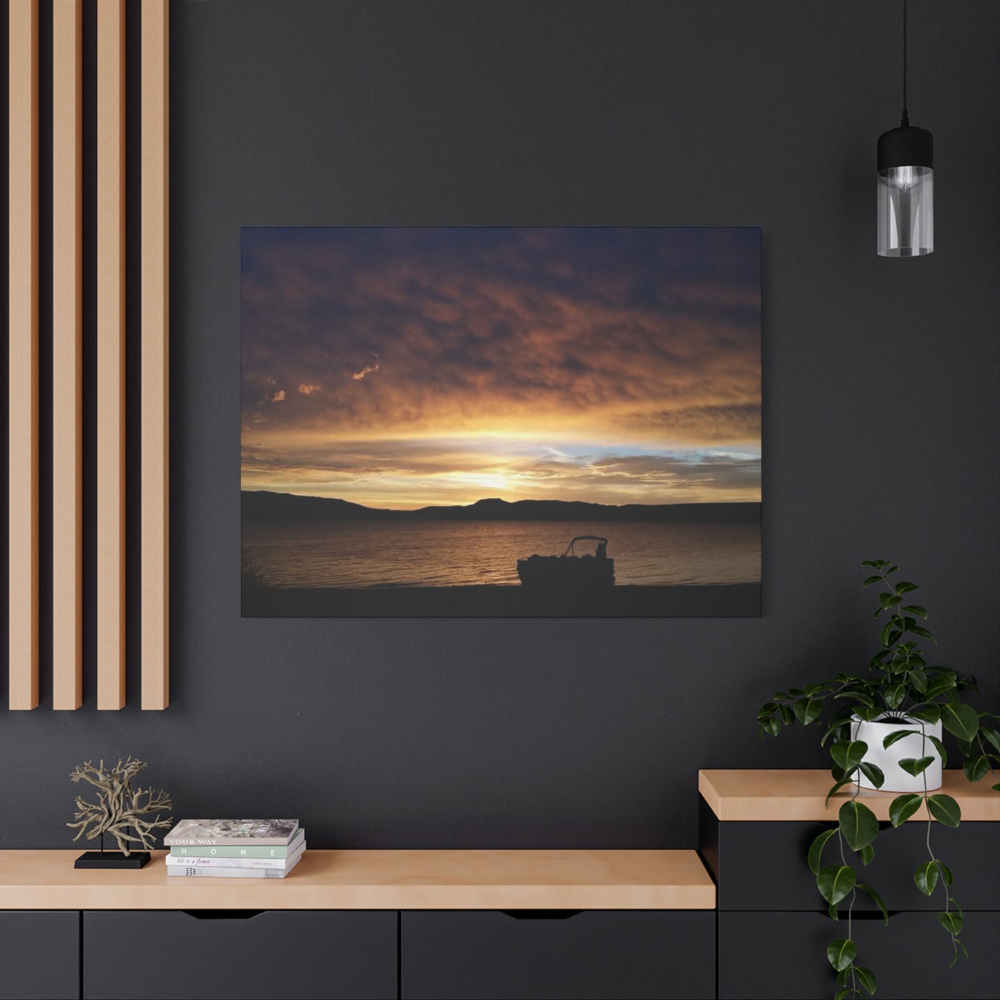 Canyon Ferry Lake Montana Sunset Canvas Wall Art - Pontoon Boat, Evening, Nature Landscape Home Decor