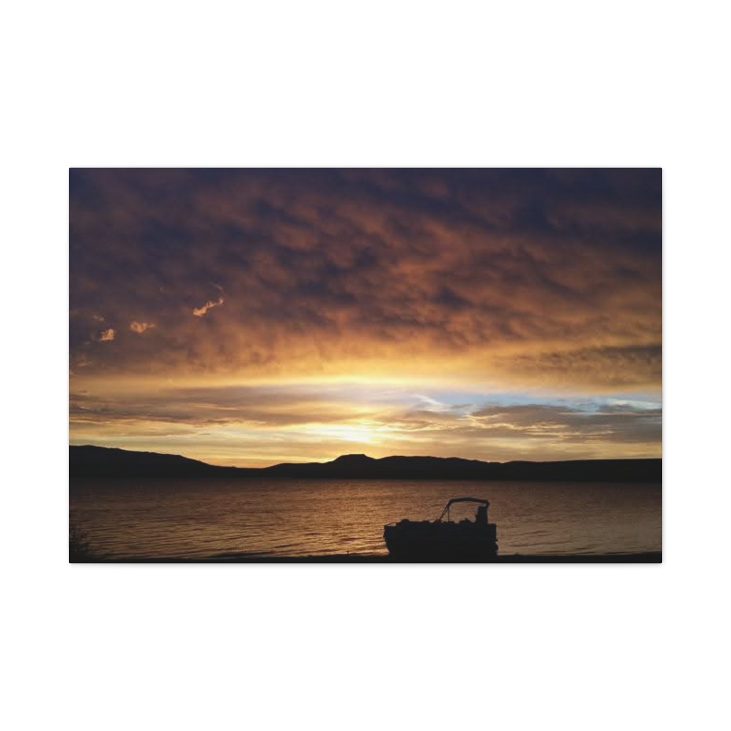 Canyon Ferry Lake Montana Sunset Canvas Wall Art - Pontoon Boat, Evening, Nature Landscape Home Decor