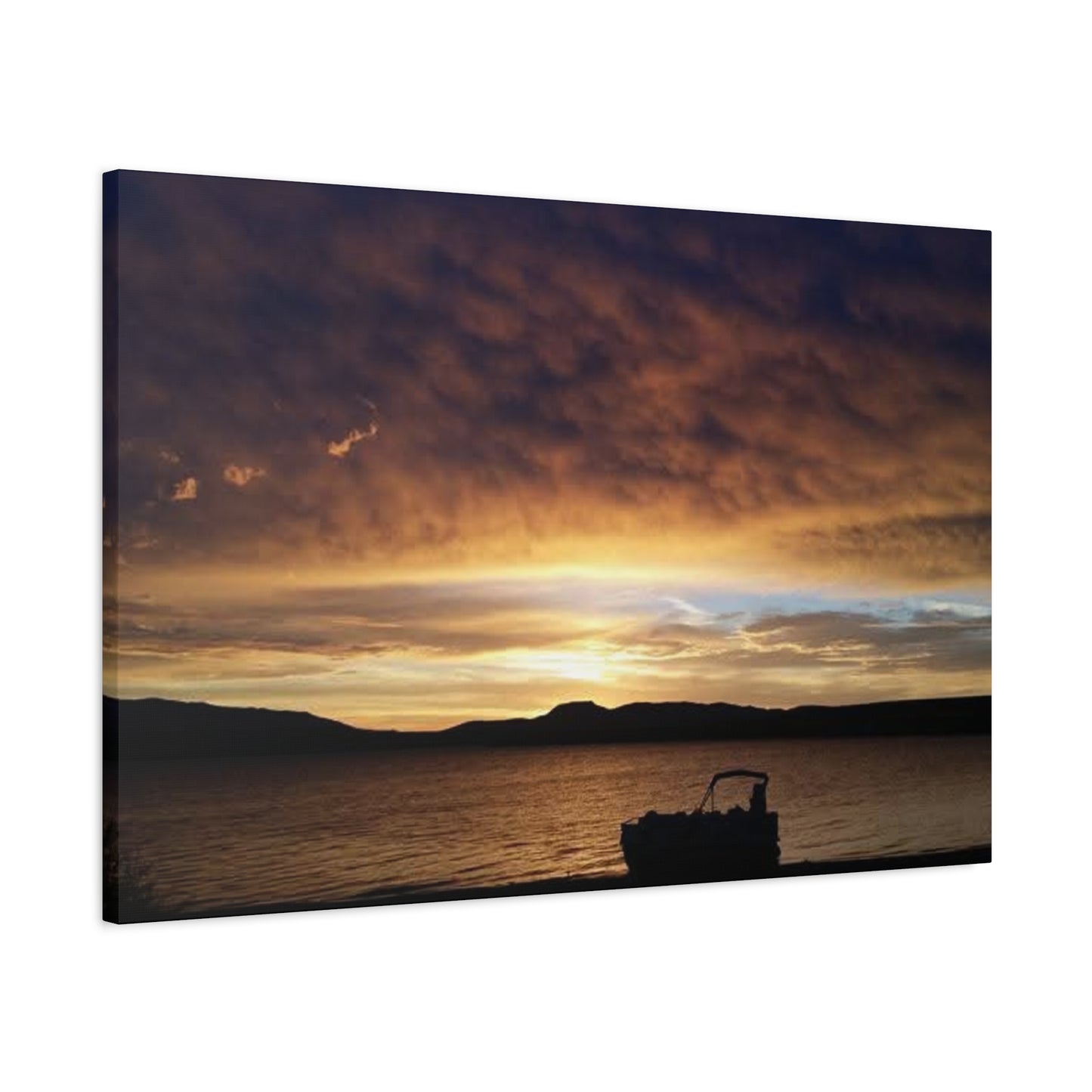 Canyon Ferry Lake Montana Sunset Canvas Wall Art - Pontoon Boat, Evening, Nature Landscape Home Decor