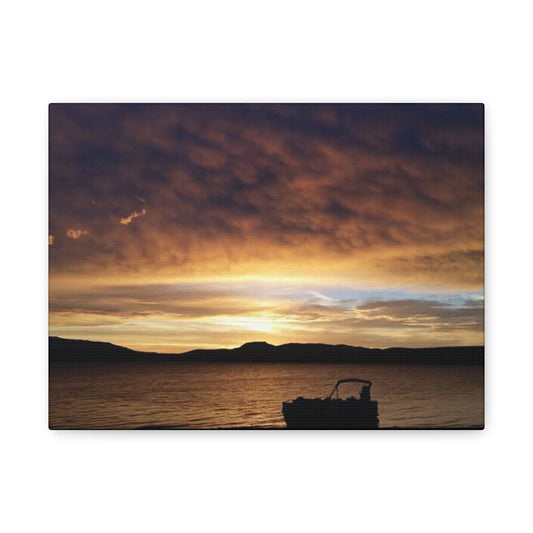 Canyon Ferry Lake Montana Sunset Canvas Wall Art - Pontoon Boat, Evening, Nature Landscape Home Decor